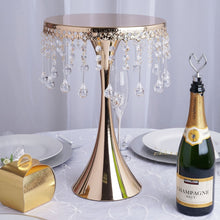Load image into Gallery viewer, 17" Tall Gold Metallic Trumpet Cake Riser Centerpiece with hanging Acrylic Crystal Chains