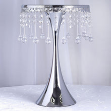 Load image into Gallery viewer, 17" Tall Silver Metallic Trumpet Cake Riser Centerpiece with hanging Acrylic Crystal Chains
