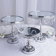 Load image into Gallery viewer, Set of 3 Silver Round Modern Mirror Top Cup Cake Riser Centerpiece Stand with Hanging Acrylic Crystal Chains